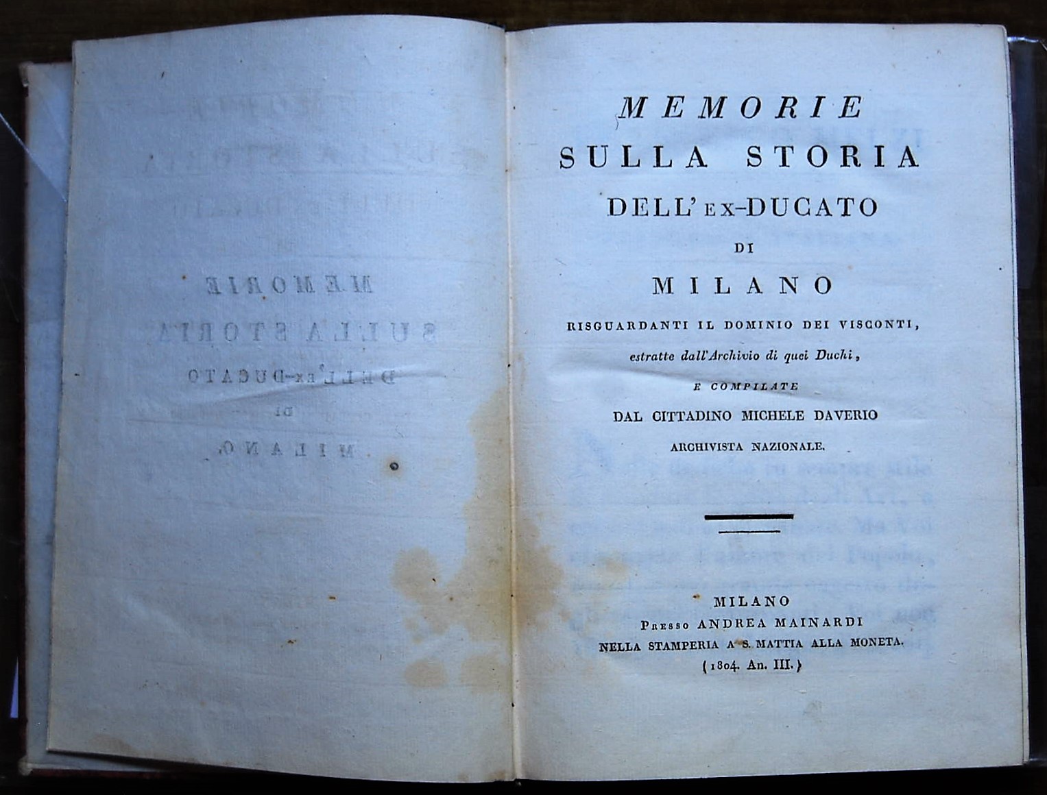 Daverio Michele MEMORIE SULLA STORIA DELL'EX ... - Copertina