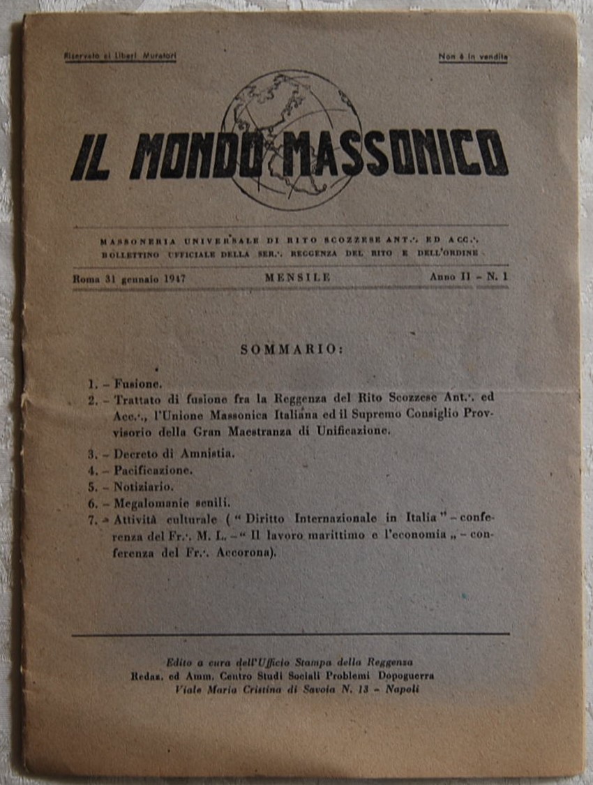  IL MONDO MASSONICO. ANNO II NUMERO 1. - Copertina
