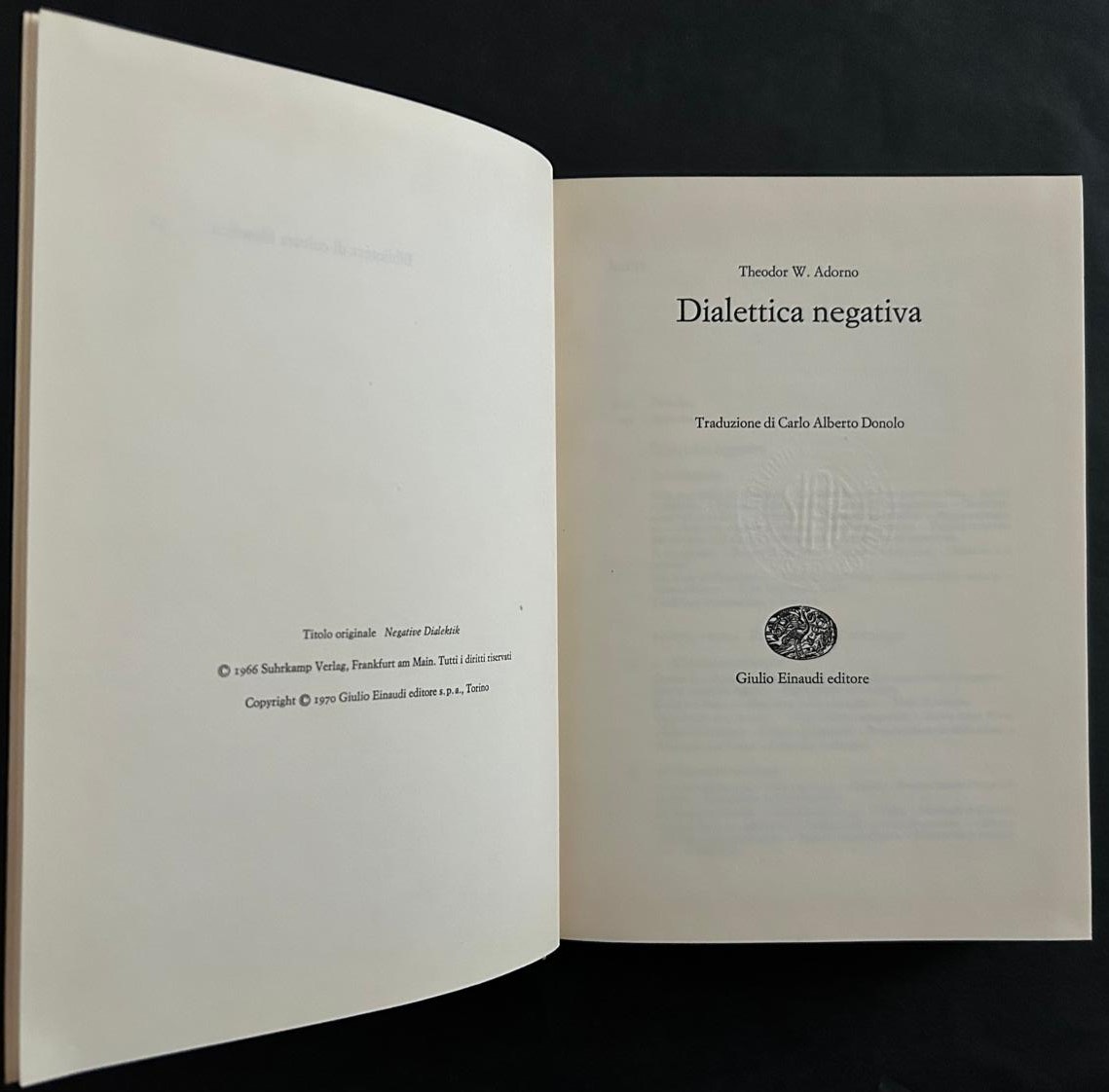 Adorno Theodor DIALETTICA NEGATIVA. - Copertina